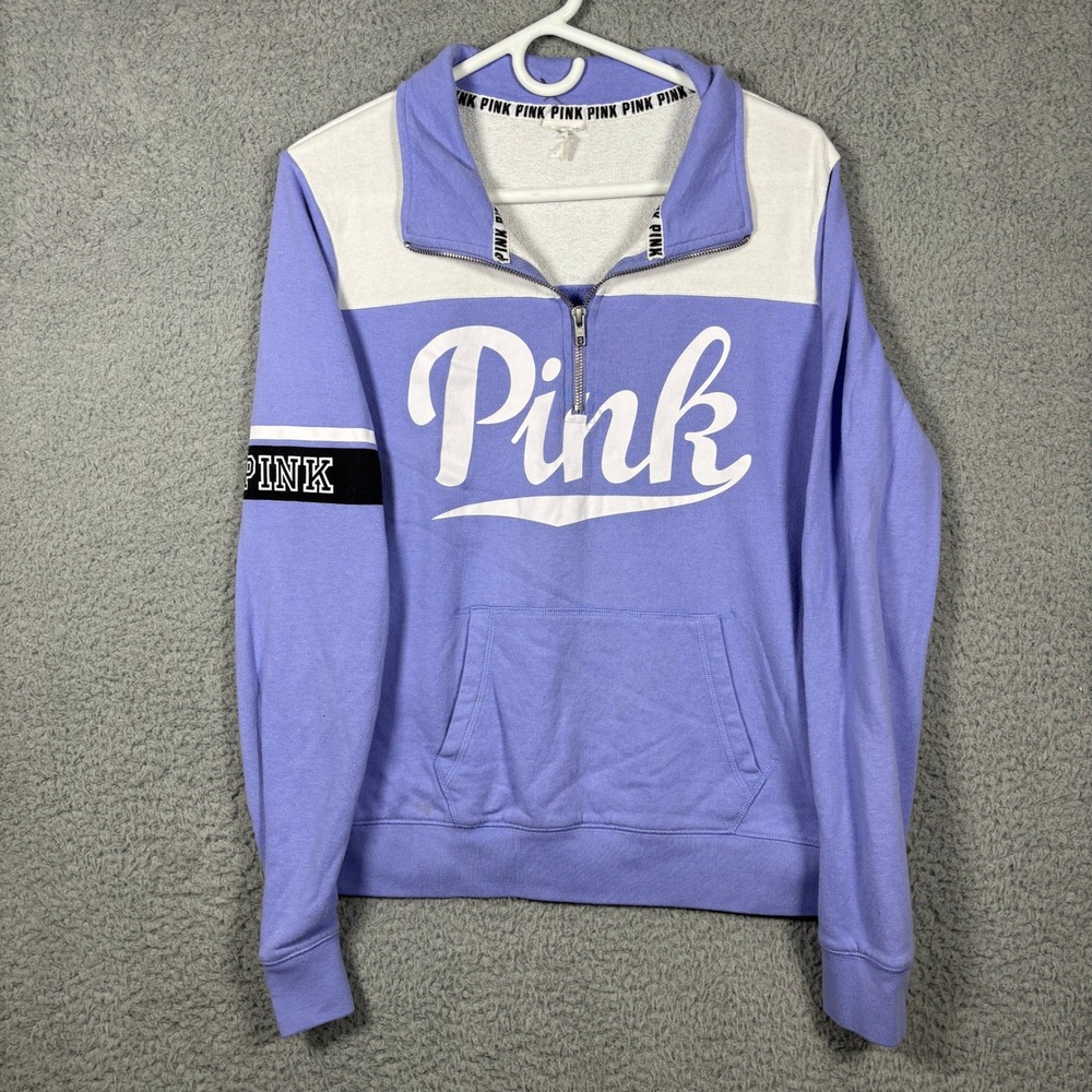 PINK Sweatshirt Womens M Purple Quarter Zip Colorblock Logo Pullover Mock Neck